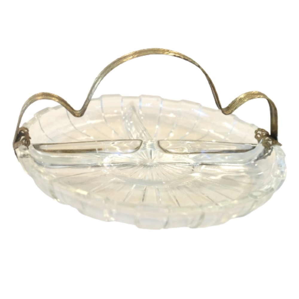 VINTAGE DEPRESSION GLASS~ORNATE BRASS BANDED ~THREE COMPARTMENT RELISH DISH~6.4"